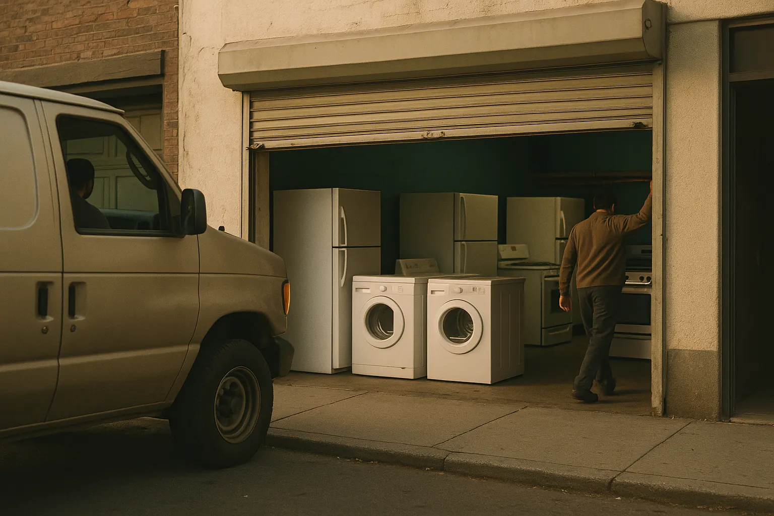 A small independent appliance shop exterior at opening time, roll-up door half raised, a delivery van at the curb.