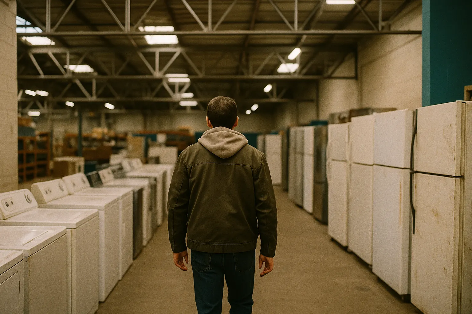 A person seen from behind browsing a row of donated appliances in a nonprofit resale warehouse.