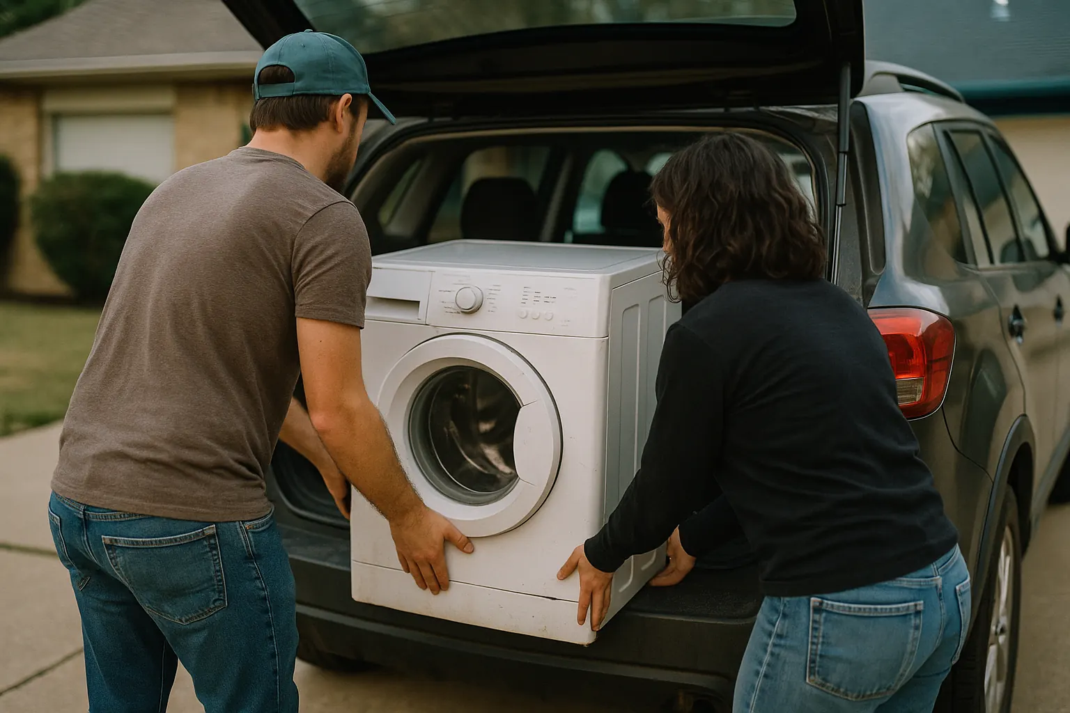 Two people seen from behind loading a washer into the open hatch of a small SUV in a suburban driveway.