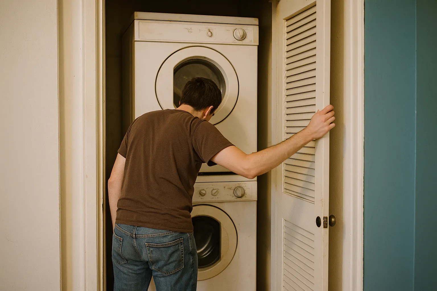 A stacked washer and dryer pair fitted neatly into a narrow apartment laundry closet.