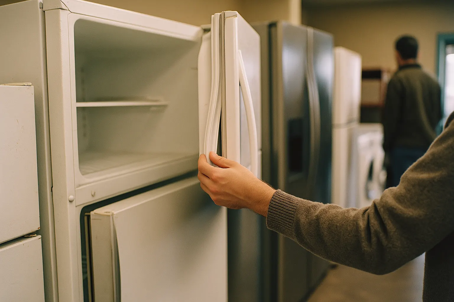 Inside a used appliance store: a hand pulling open a refrigerator door to check the gasket seal.