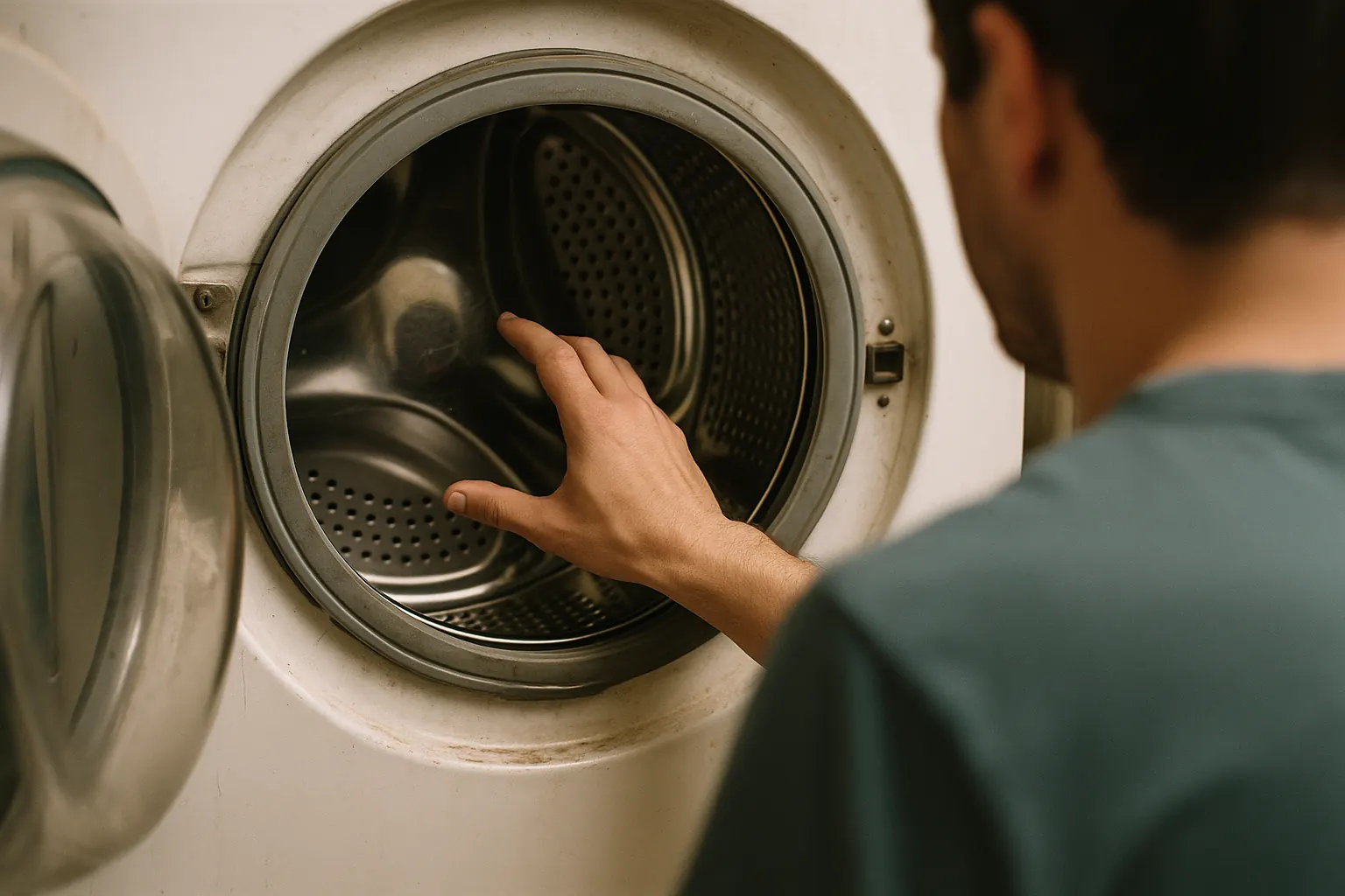 A hand spinning the inner drum of a front-load washer, checking for play.