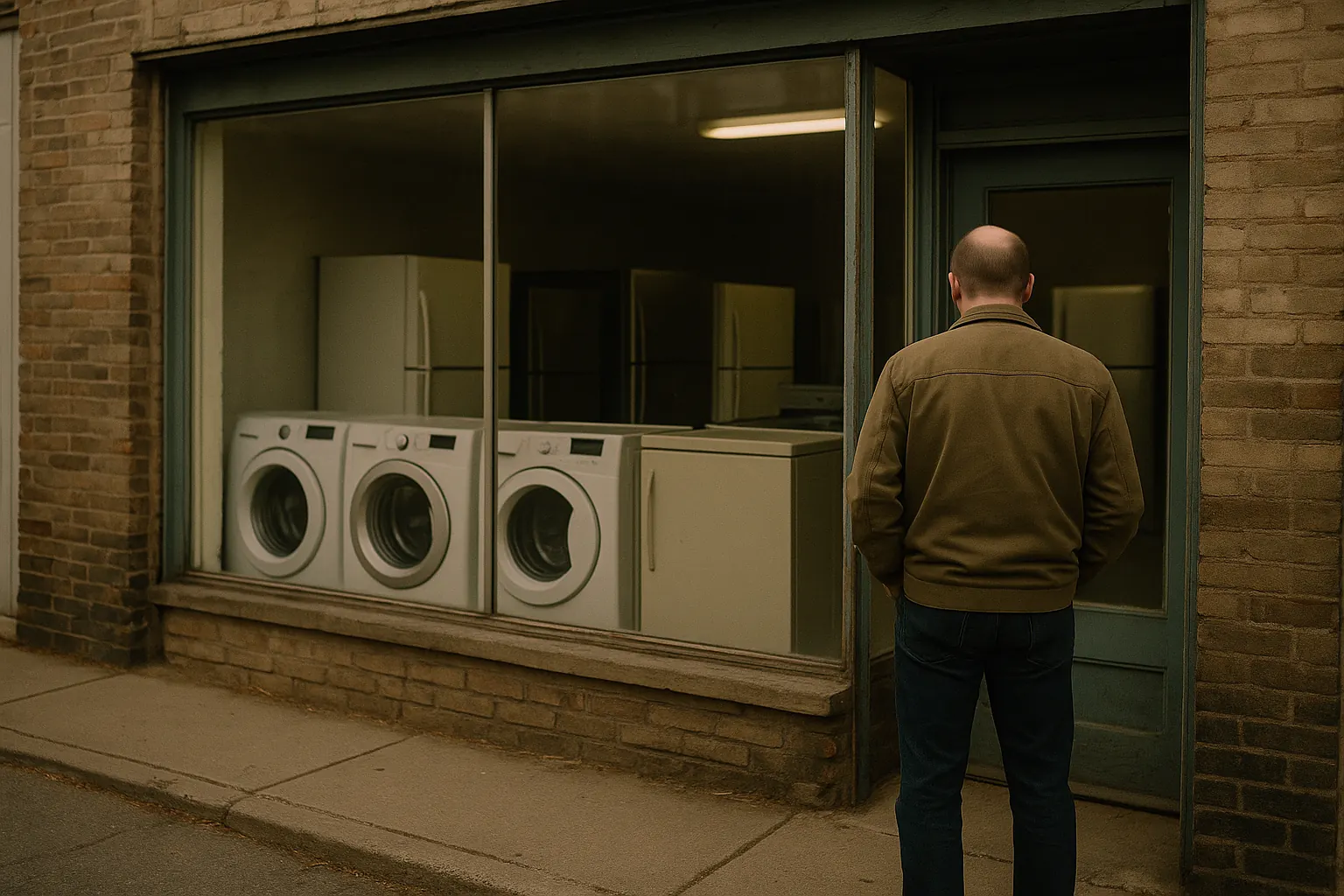 A modest independent appliance storefront on a side street, washers and refrigerators visible through the glass.
