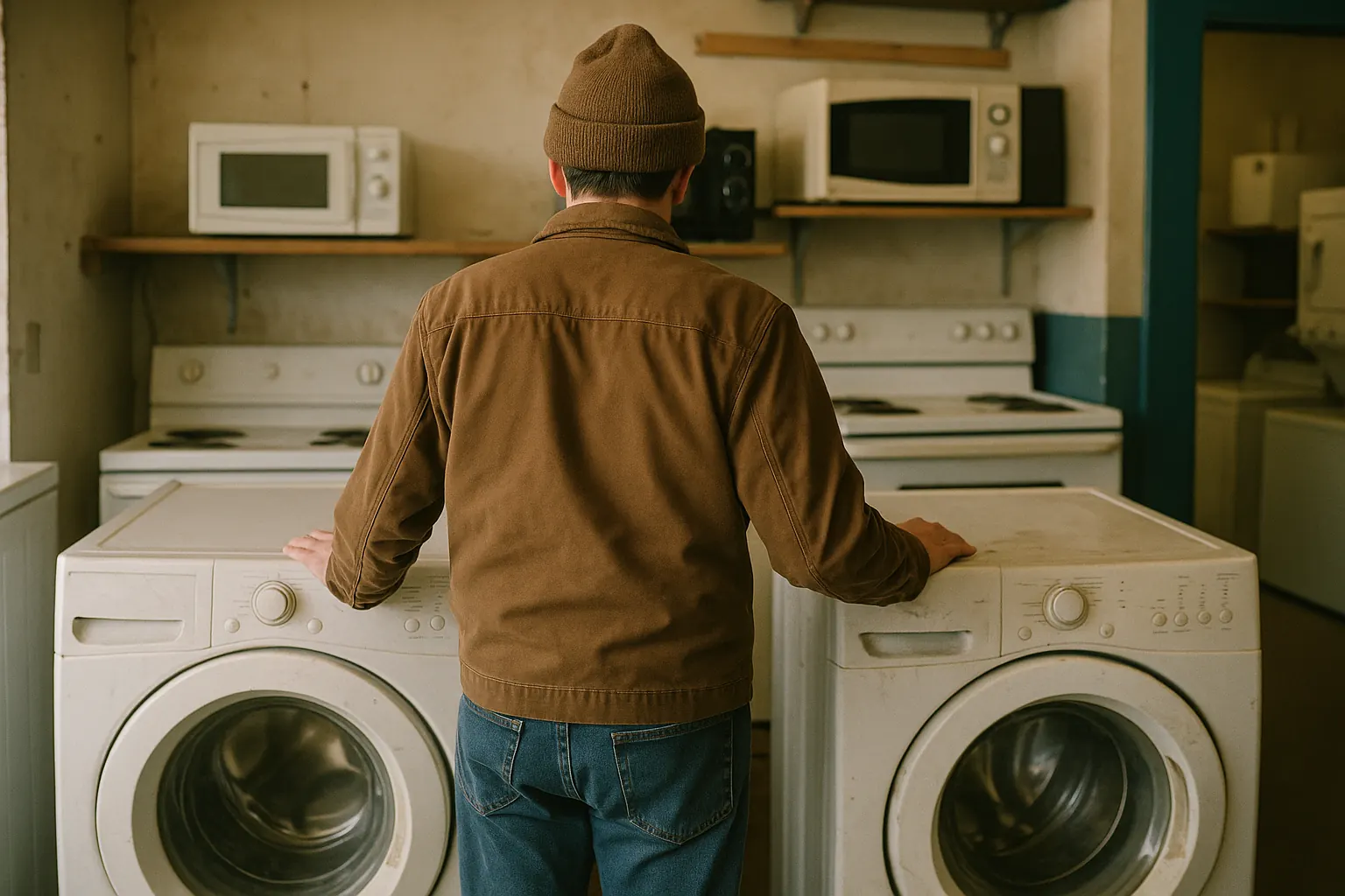 A small independent appliance shop interior: a person seen from behind comparing two front-load washers standing side by side.