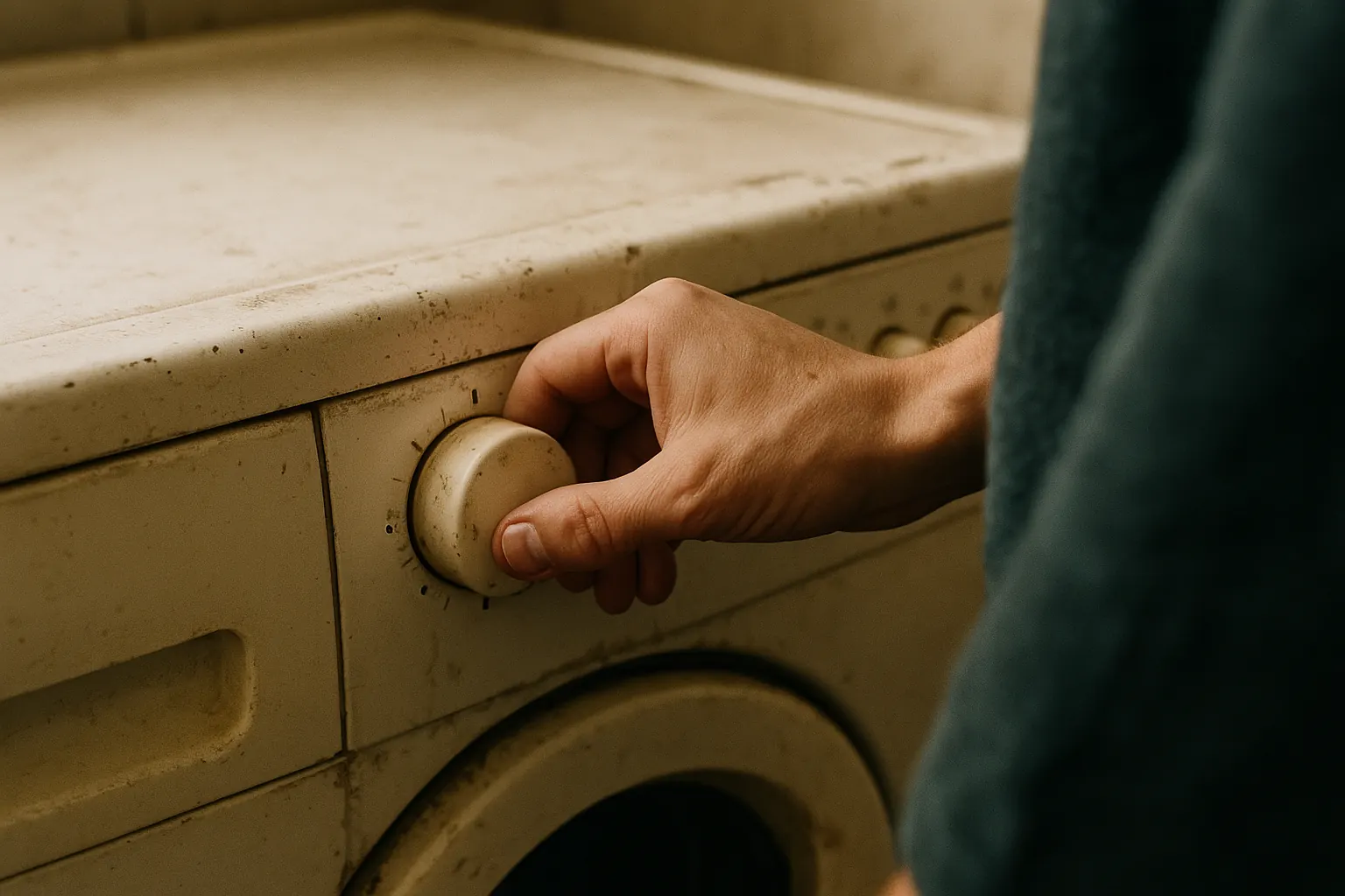 A close-up of a hand turning the control dial of a used washing machine.