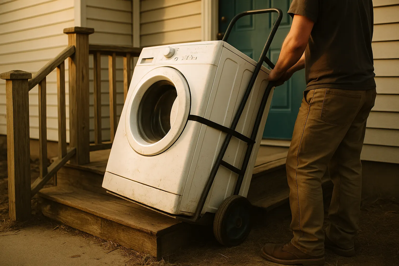 A washer strapped to a hand truck at the base of porch steps, delivery in progress.