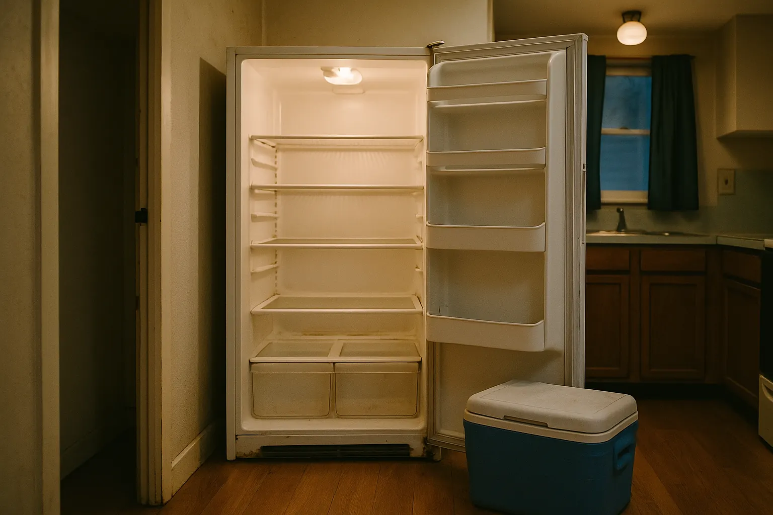 An open, empty refrigerator in a warm evening kitchen, a packed ice cooler on the floor beside it.