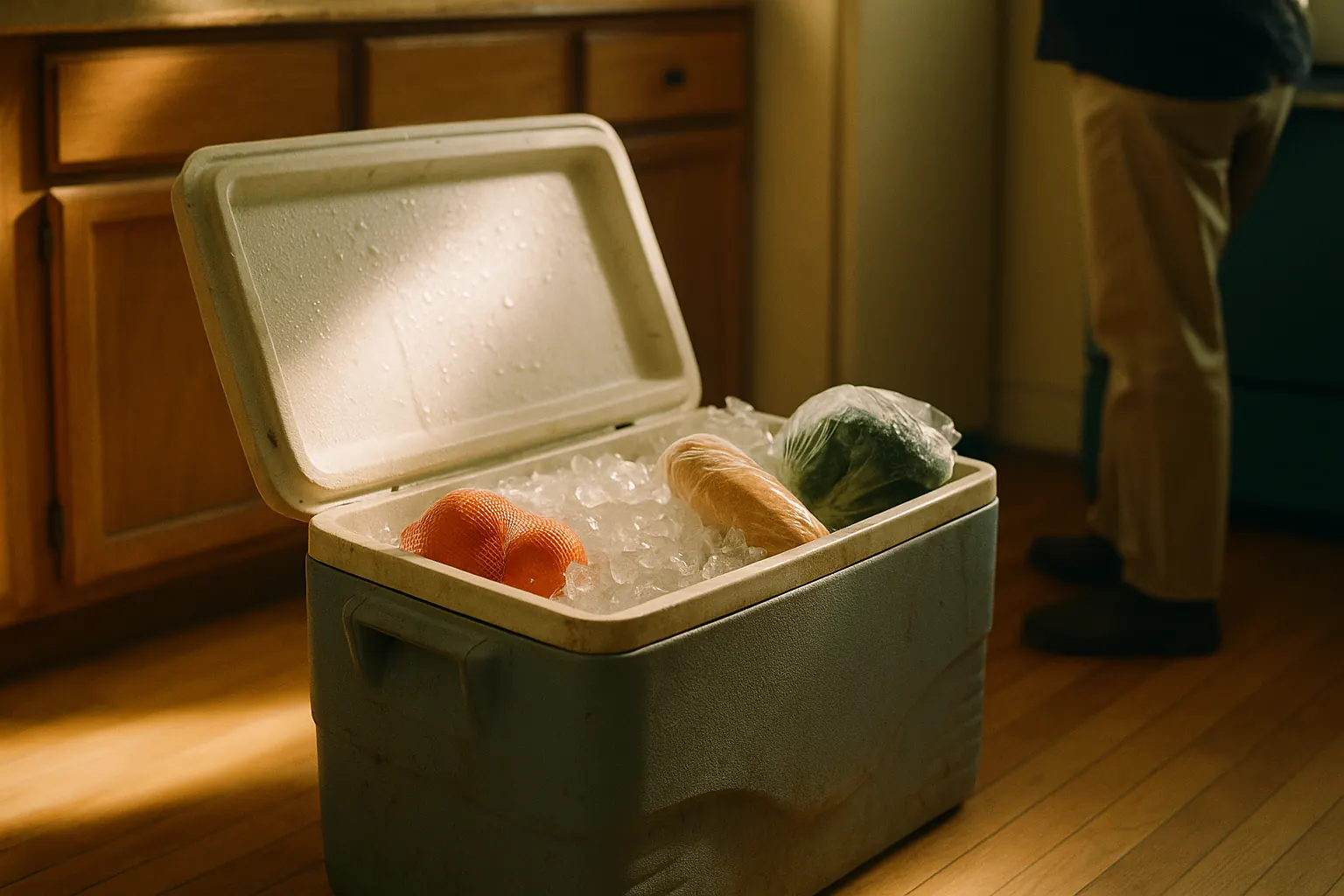 A cooler packed with ice and groceries sitting on a kitchen floor, condensation on the lid.
