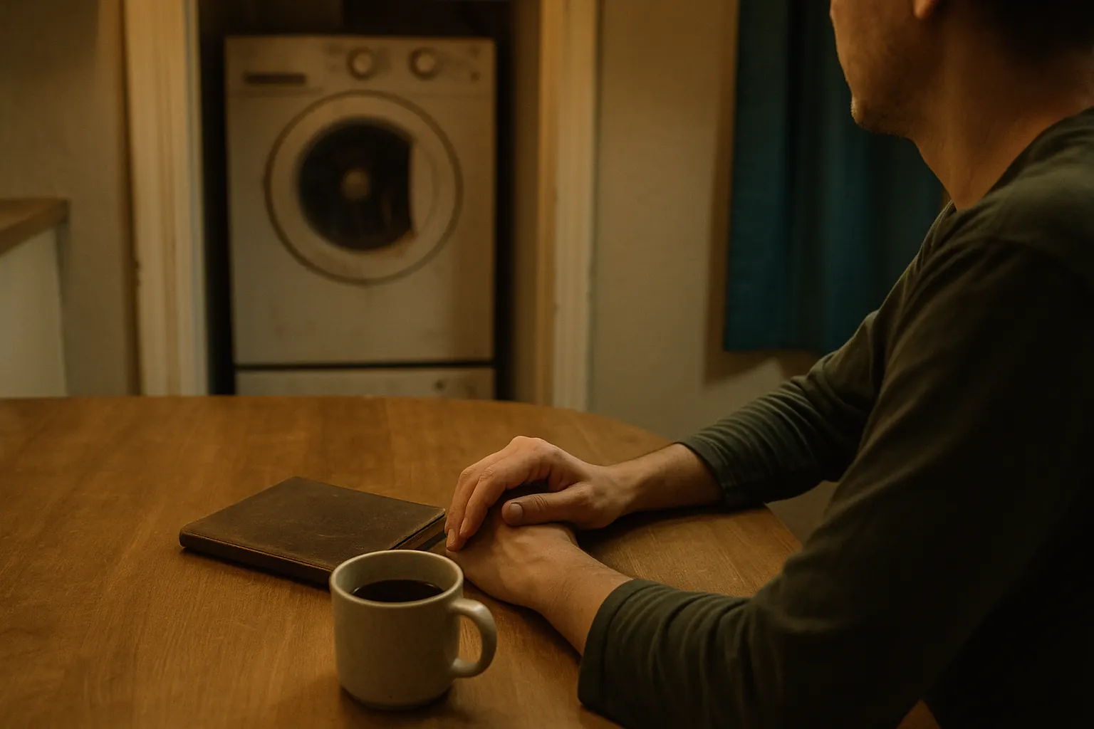 A kitchen table at evening: a person's hands resting beside a notepad and a mug of coffee, a washer and dryer visible in a laundry nook behind.