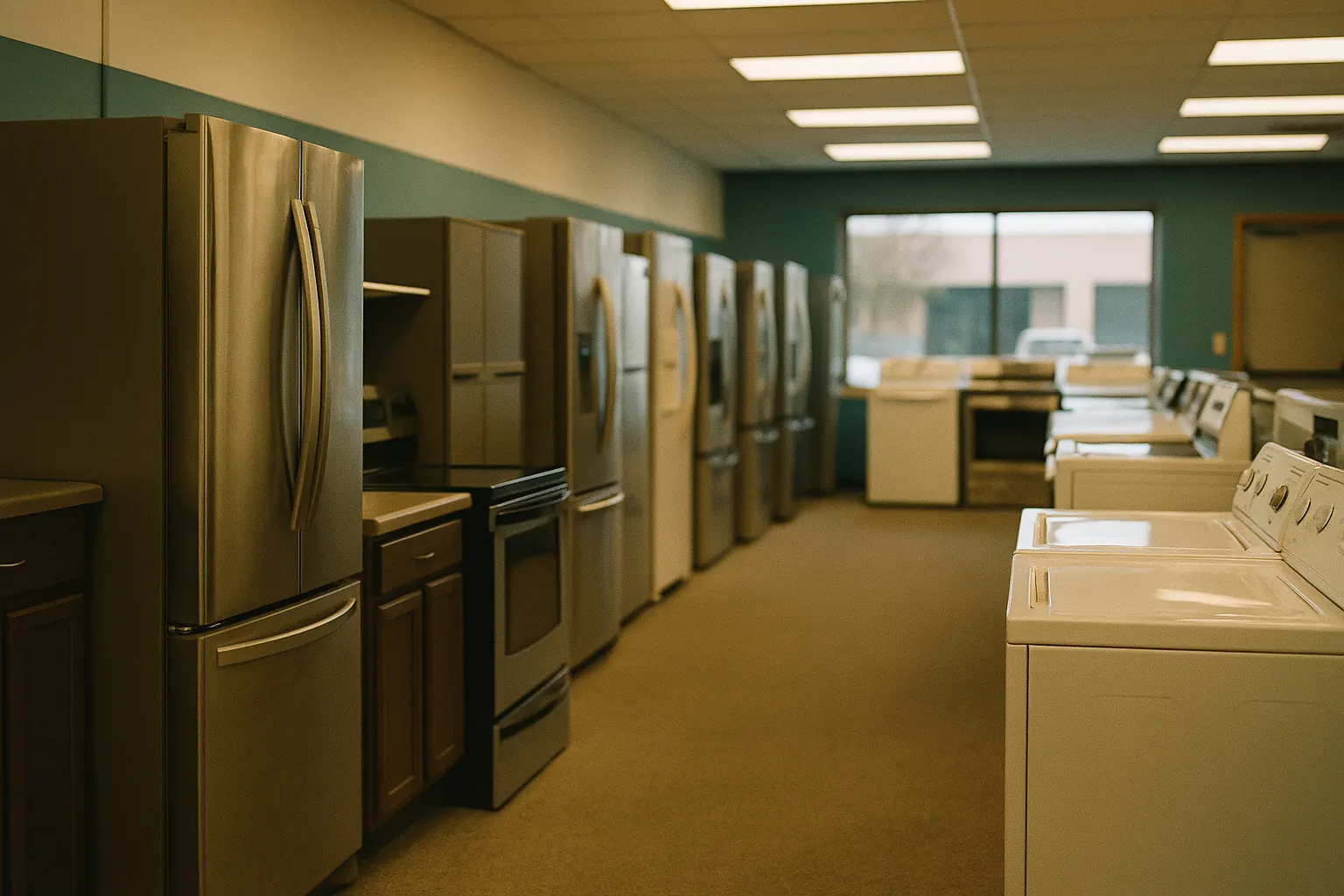 A bright rent-to-own showroom floor of new appliances under retail lighting.