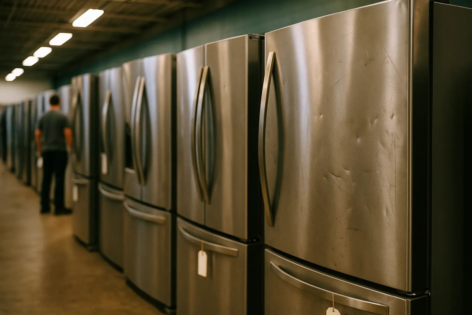 Rows of scratch-and-dent refrigerators in an outlet warehouse, several with visible cosmetic dents and scuffs.