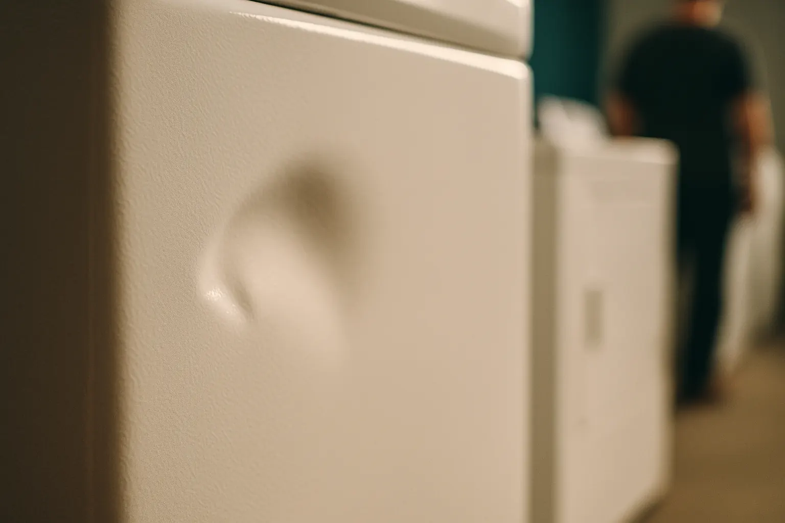 Extreme close-up of a shallow dent on a white dryer side panel under raking light.