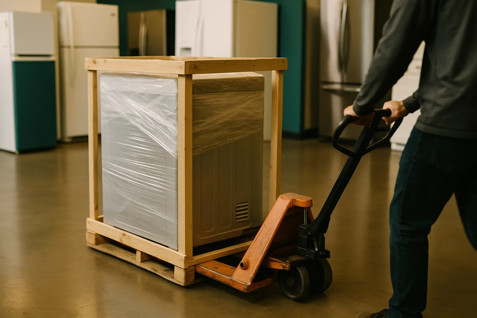 A pallet jack moving a crated appliance across a polished concrete outlet floor.