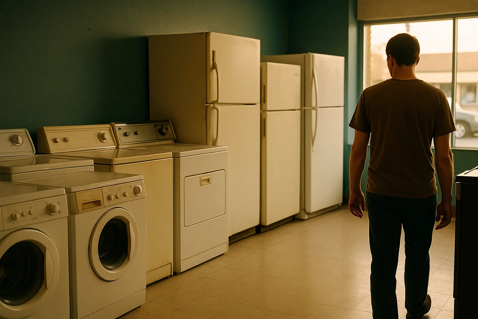 Interior of a used appliance store: a mixed line of washers, dryers, and refrigerators of different ages along one wall.