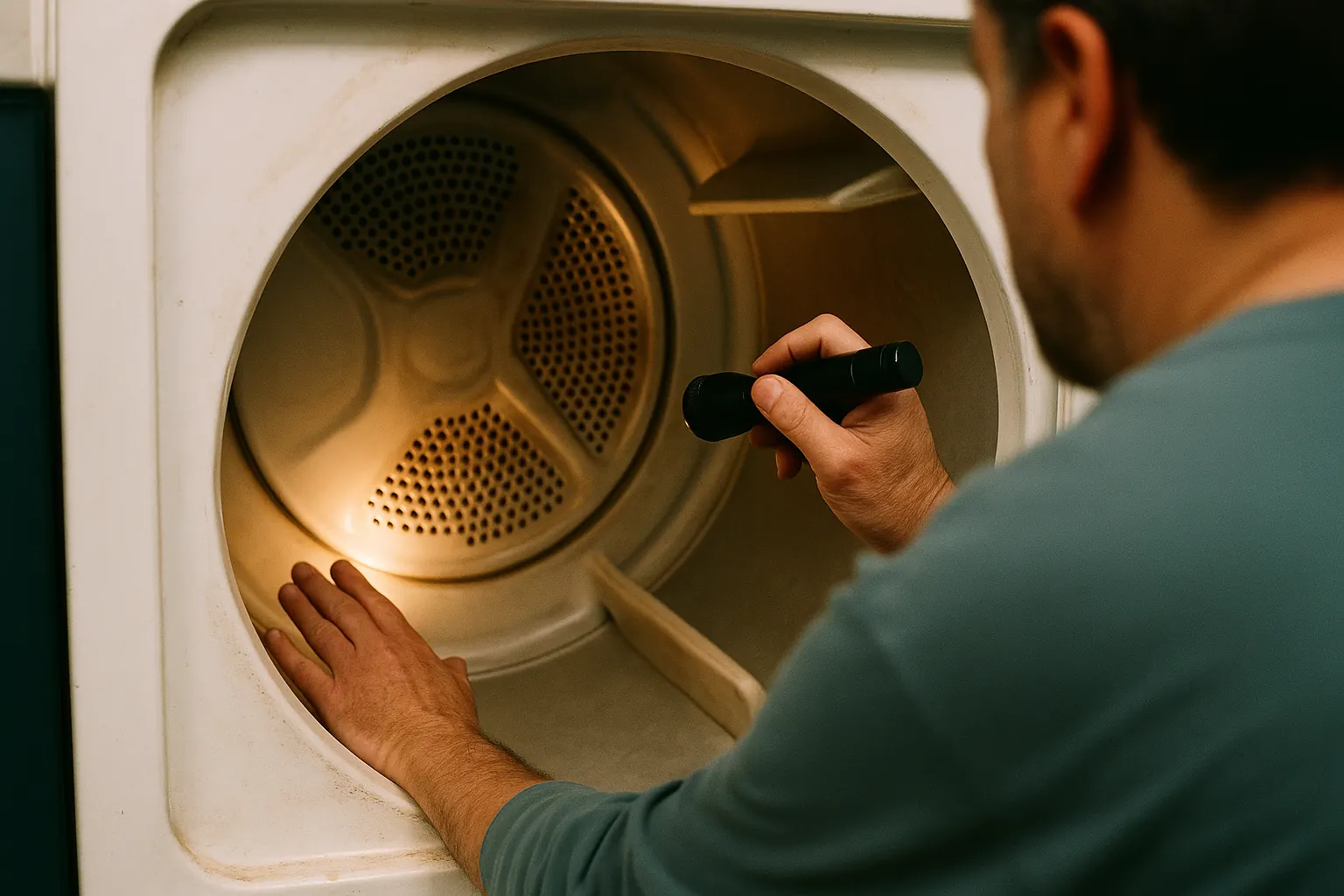 A hand inspects the inside of a dryer drum by flashlight.