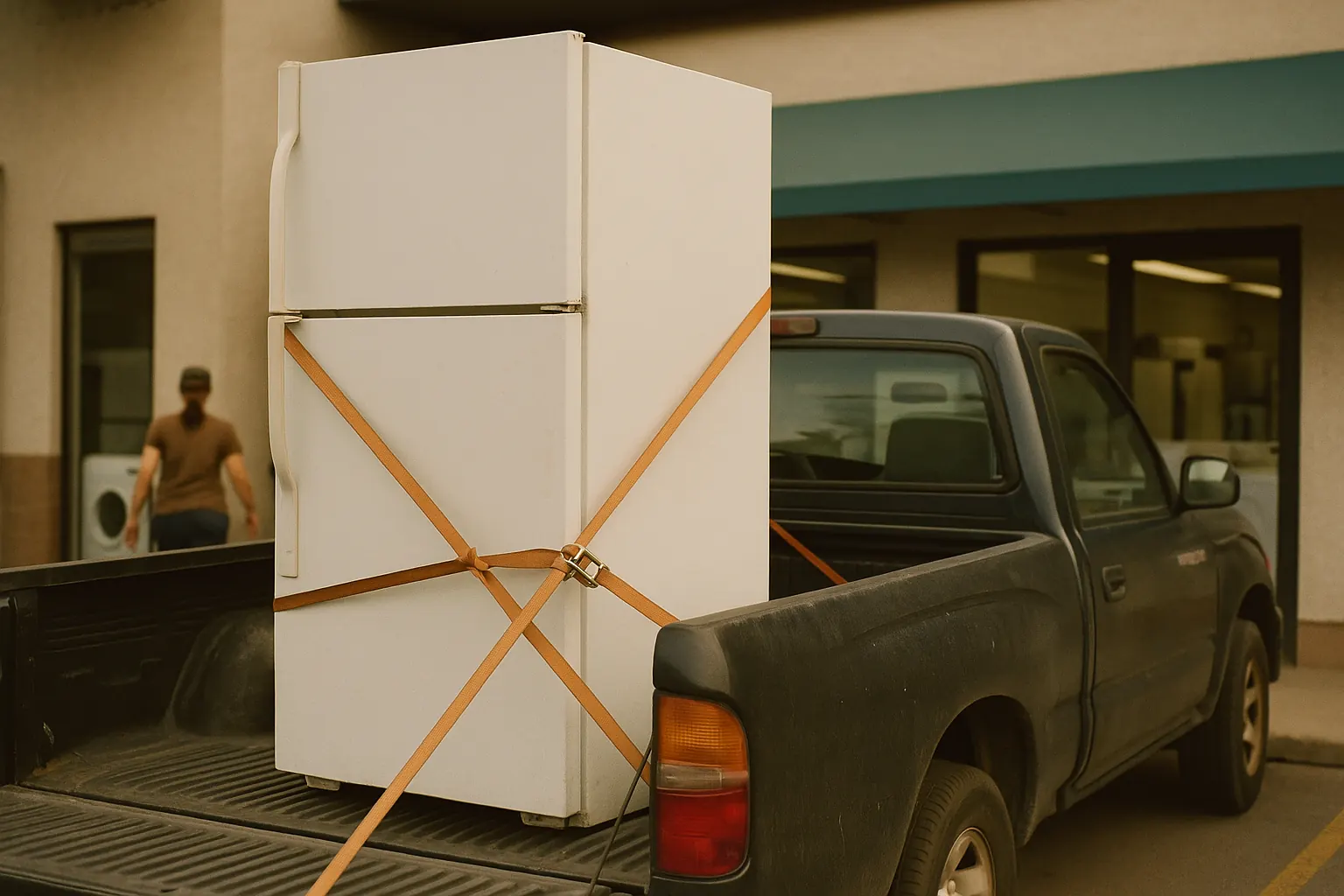 A refrigerator strapped upright in the bed of a pickup truck outside a small appliance store.