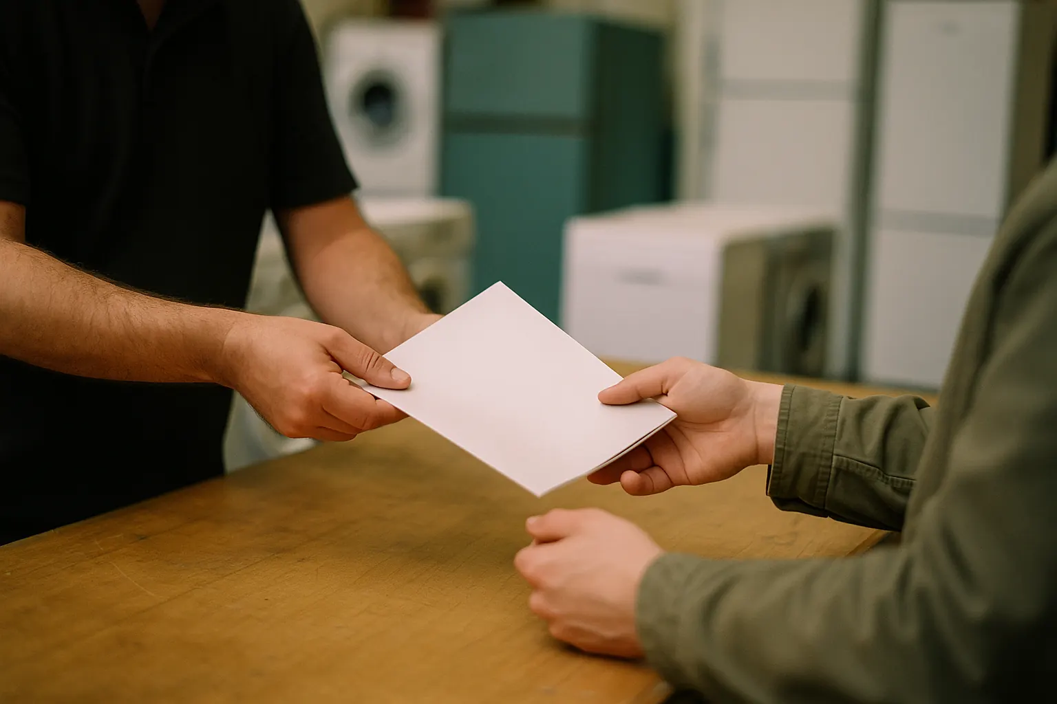 A store counter seen close: one pair of hands passing a folded paper document across to another pair of hands.
