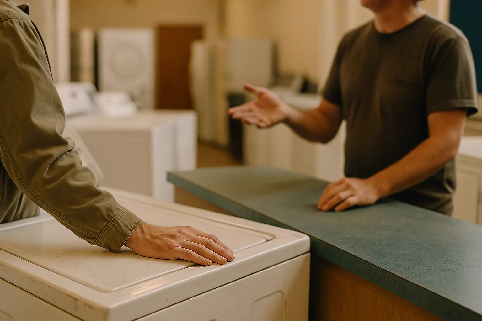 A hand resting on the closed lid of a washer in a store while another hand gestures across the counter.
