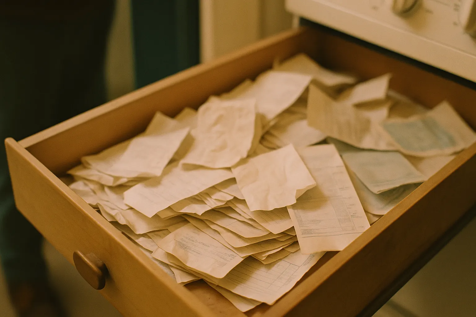 An open drawer of folded paper receipts and carbon copies, soft focus.