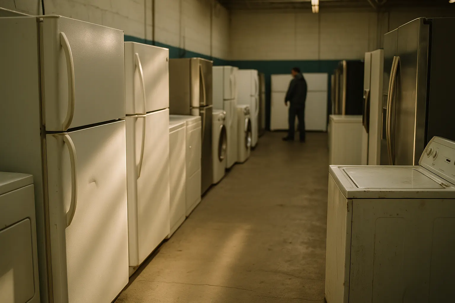 A warehouse row of appliances in mixed condition: a new refrigerator with a shallow shipping dent standing beside an older, visibly worn washer.