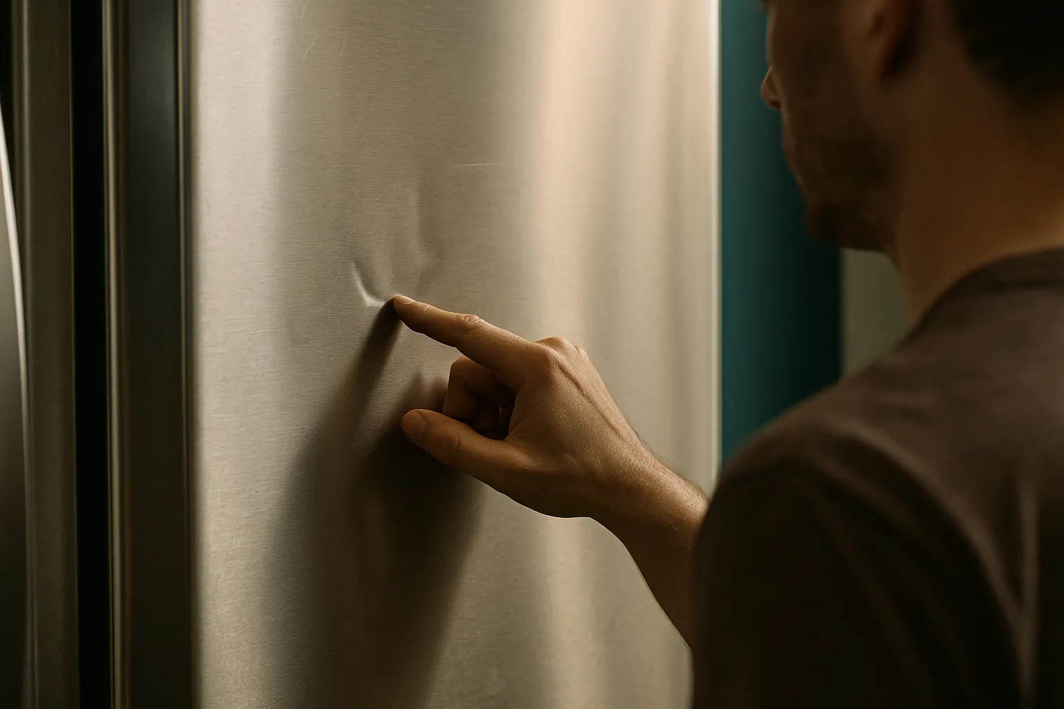 A hand traces a shallow dent on the stainless door panel of a refrigerator.