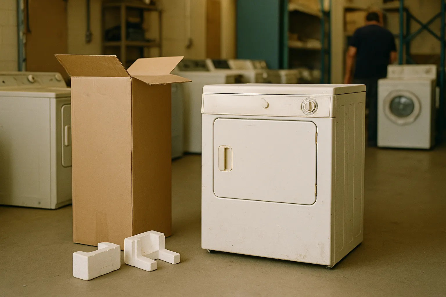 An unboxed dryer standing beside its opened packaging in a retail back room.